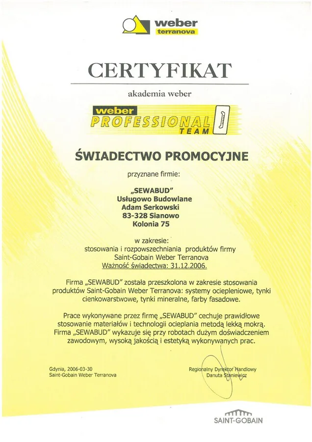 Certyfikat SEWABUD — dokument 1